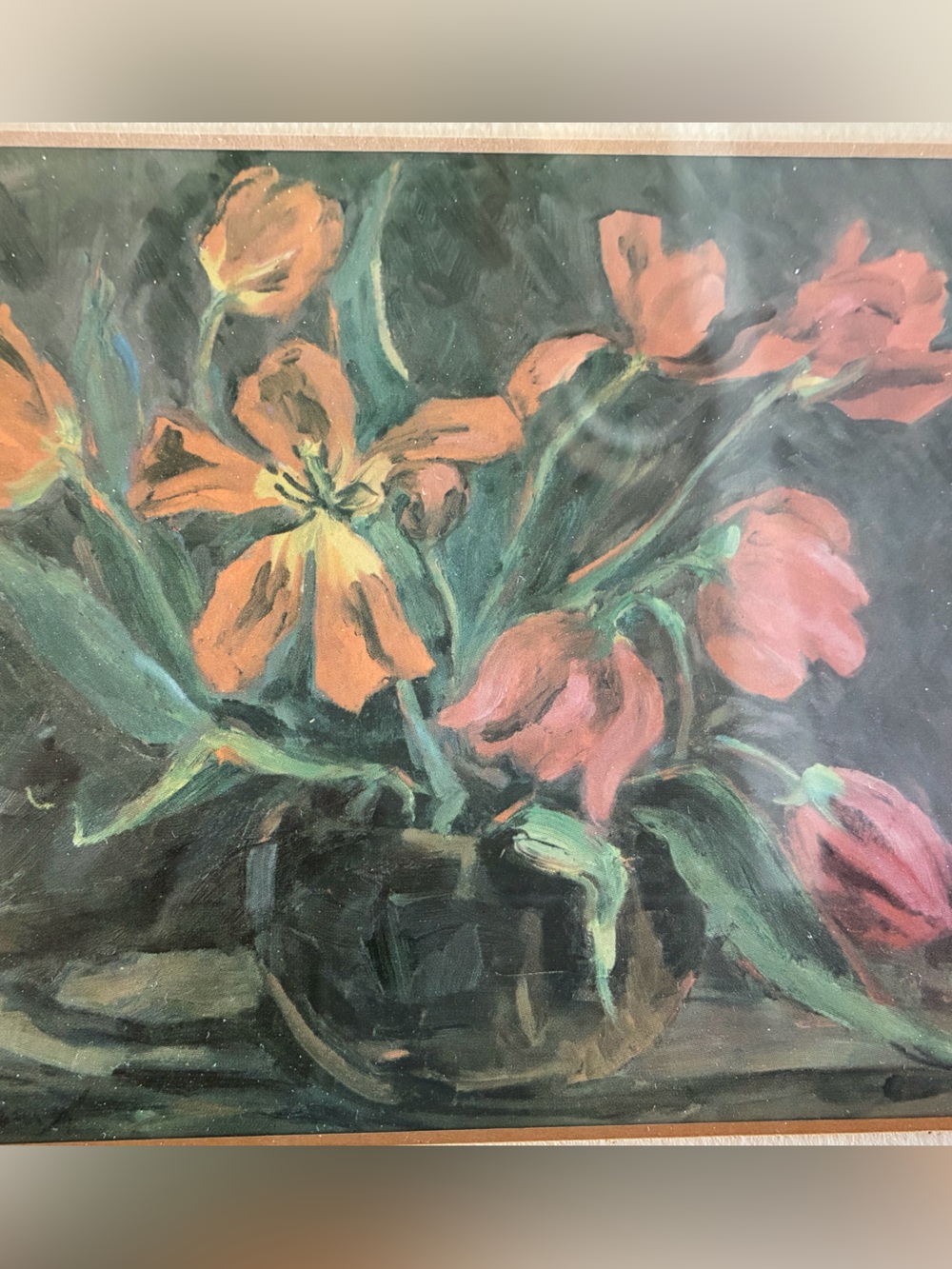 Vintage Tulips in Vase Painting framed in wood frame in bamboo motif
